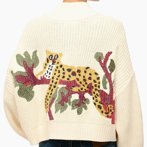 BEST STAUD Cropped Hampton Sweater Jungle Leopard Embroidered Knit - Picture 4 of 9